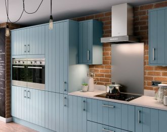 How To Give Your Kitchen A Modern Country Feel Wooden Units, Flooring and Grey/Blue Colouring