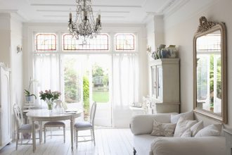 Rustic Home, French Door, Chandelier Lighting In Living Room