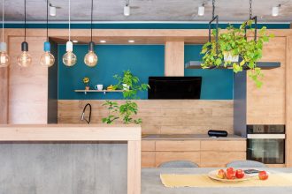 Modern wooden and blue kitchen