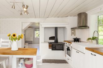 White painted kitchen with real wood countertops/worktops